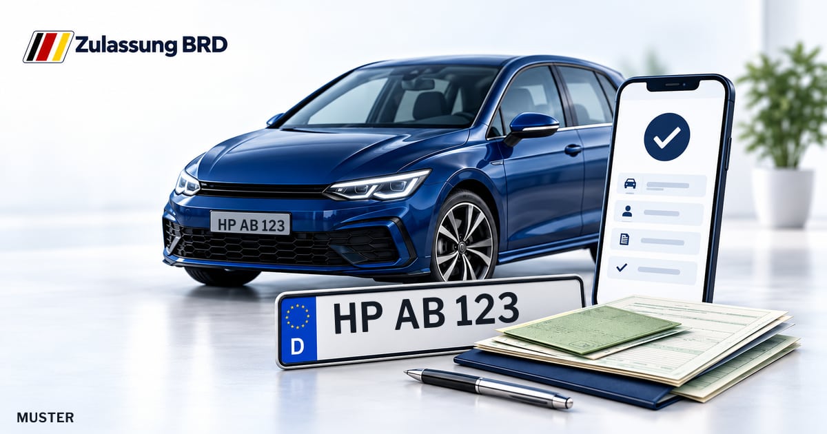 Online Fahrzeugzulassung in Bensheim: Musterkennzeichen HP AB 123, Auto und Fahrzeugpapiere und Smartphone. Illustration mit Logo von Zulassung BRD.